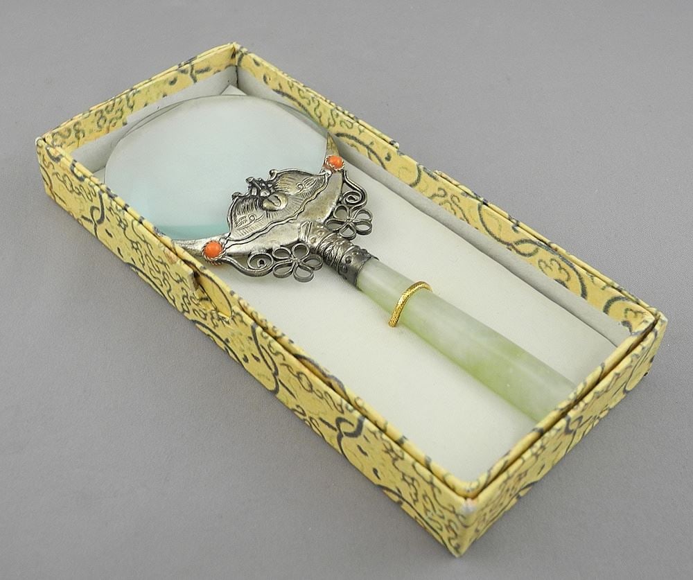 Chinese White Metal & Pale Green Softstone Magnifying Glass with Box, 5 5/8"L. (1 of 2)