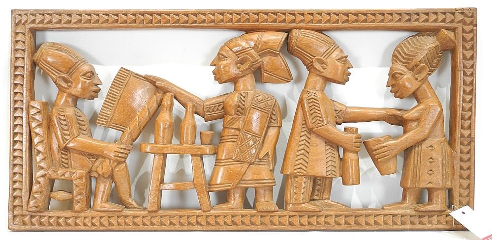 Vintage Yoruba Panel Carving of a Debauched Festive Scene, 11 1/2 x 24".: Vintage Yoruba Panel Carving of a Debauched Festive Scene, 11 1/2 x 24".