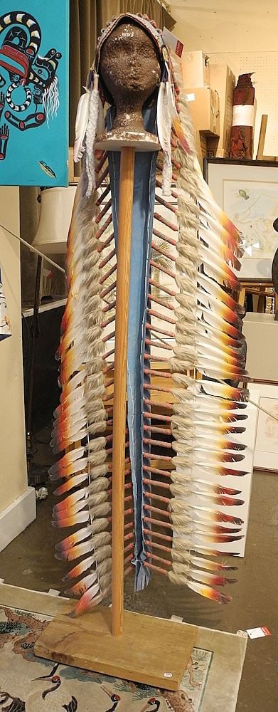 Feather Headdress, Painted Goose Feathers with Stand, 66"h.: Feather Headdress, Painted Goose Feathers with Stand, 66"h.