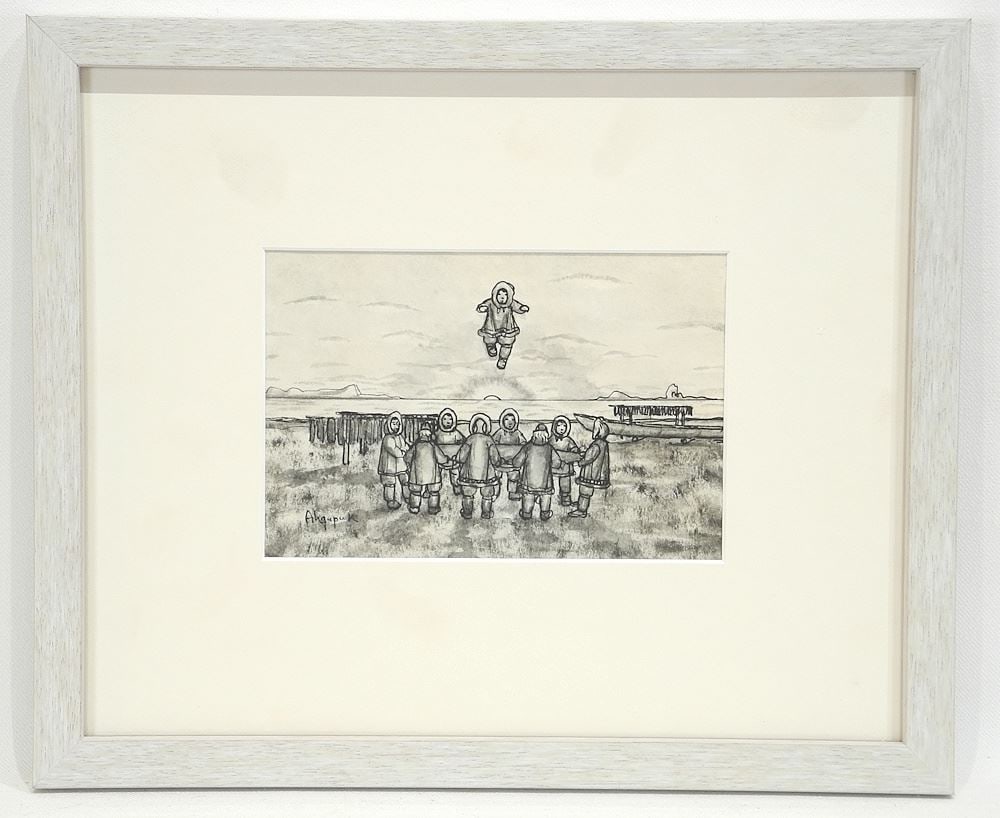 Ink Drawing signed (George Twok Aden) Ahgupuk, 4 x 5 3/4", "Inuit Blanket Toss". (1 of 3)