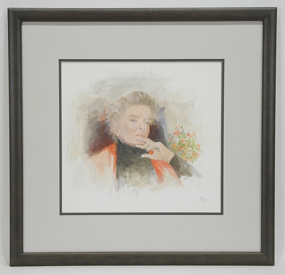 Watercolour signed Myfanwy (Pavelic) , 9 x 9 3/8", "Portrait of Katherine Hepburn". (1 of 5)