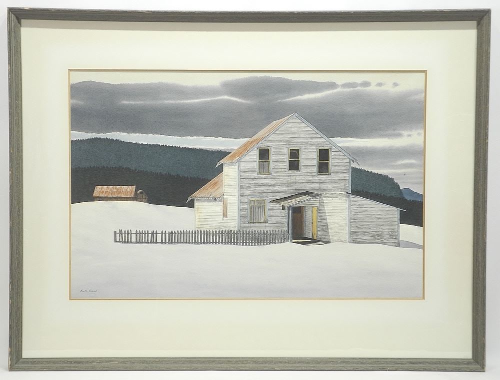 Watercolour signed Keith Hiscock, 18 x 28", "Old Farmhouse in Winter". (1 of 4)