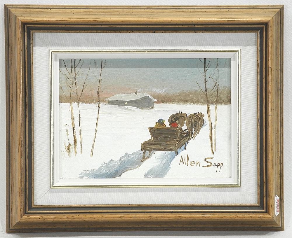 Acrylic on Board signed Allen Sapp, 7 1/2 x 5 1/2", "Sleigh Ride with Oxen",  No. X/677. (1 of 4)