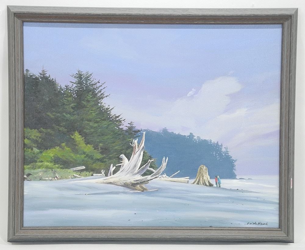 Oil on Canvas signed Keith Hiscock, 15 1/2 x 19 3/8", "Driftwood Vancouver Island".: Oil on Canvas signed Keith Hiscock, 15 1/2 x 19 3/8", "Driftwood Vancouver Island".