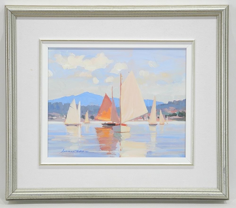 Oil on Board signed Andres Bohaker, 7 1/2 x 9 1/2", "Sailboats".: Oil on Board signed Andres Bohaker, 7 1/2 x 9 1/2", "Sailboats".
