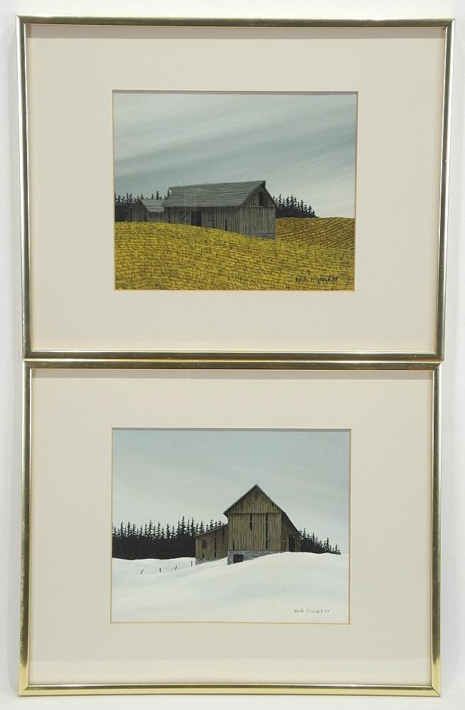 Oil on Heavy Paper signed Keith Hiscock'75, 6 1/2 x 8 1/8", "Barn Structure Winter & Fall". (1 of 6)