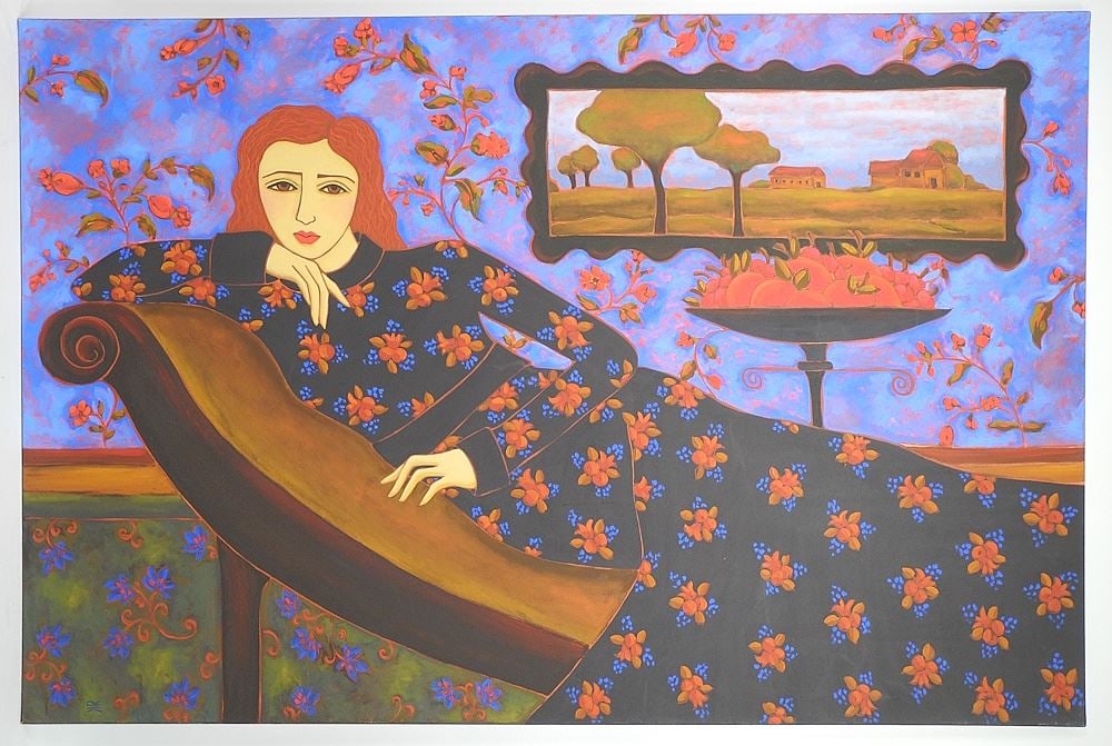 Oil on Canvas Monogrammed KR (Karen Rieger), x ", "Reclining Woman with Landscape and Apples".: Oil on Canvas Monogrammed KR (Karen Rieger), x ", "Reclining Woman with Landscape and Apples".