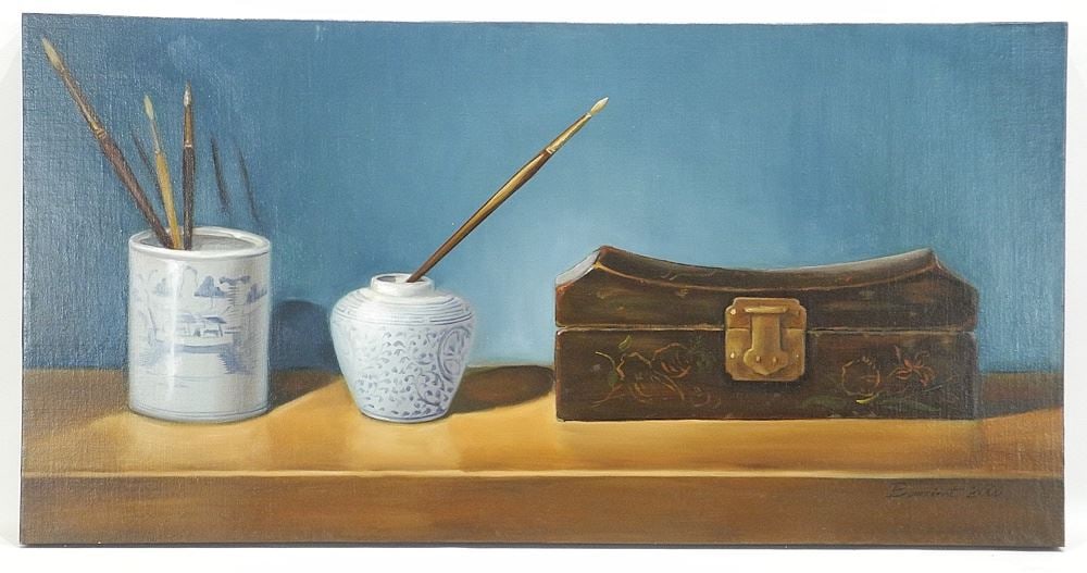 Oil on Board signed (Mandy) Boursicot 2000, 16 5/8 x 33", "Still Life w/Chinese Antiques" #: Oil on Board signed (Mandy) Boursicot 2000, 16 5/8 x 33", "Still Life w/Chinese Antiques" #
