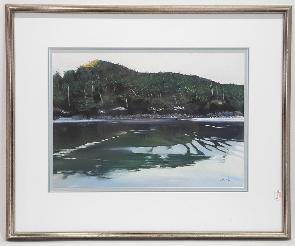 Pastel on Paper signed K.(Kathryn) Amisson'91, 11 x 15 1/2", "BC Coastal Scene".: Pastel on Paper signed K.(Kathryn) Amisson'91, 11 x 15 1/2", "BC Coastal Scene".