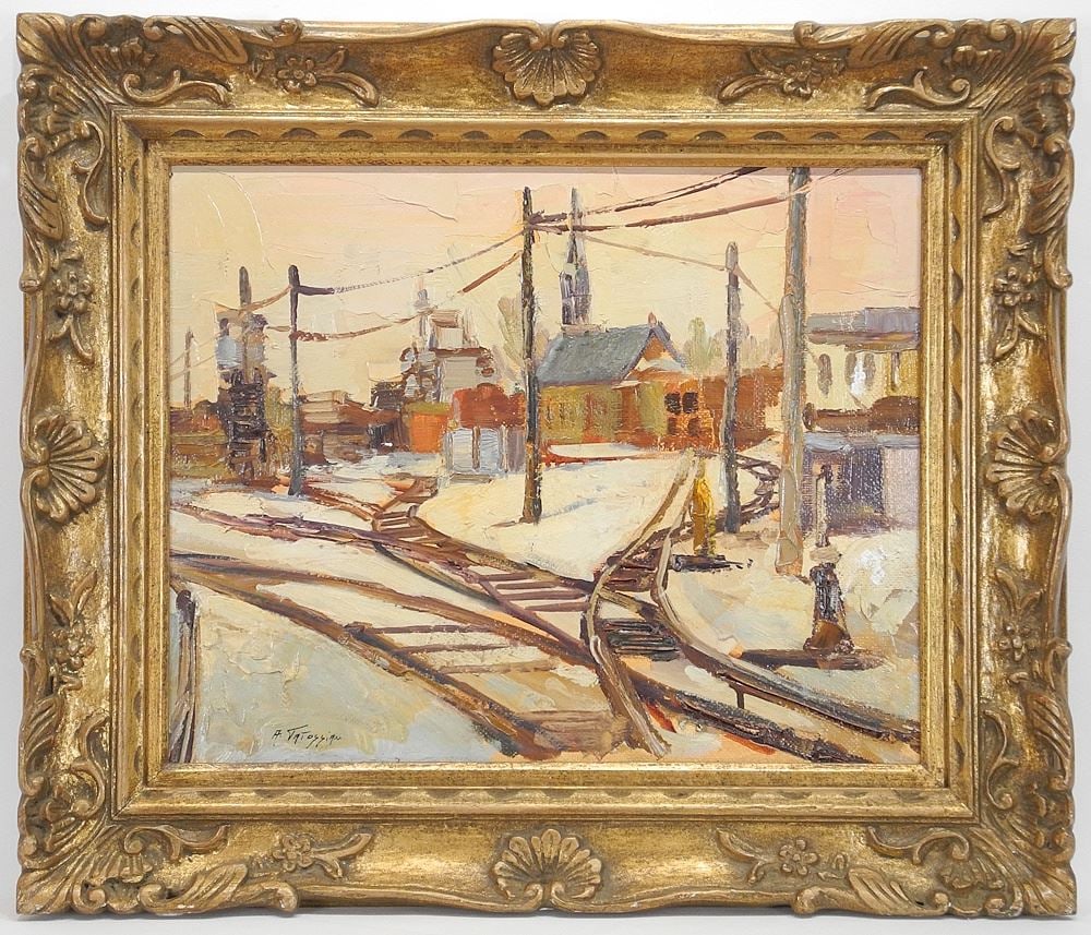 Oil on Board signed (A) Armand Tatossian , 16 x 20", "Tracks".: Oil on Board signed (A) Armand Tatossian , 16 x 20", "Tracks".