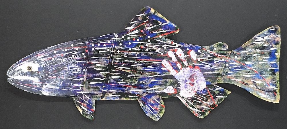 Mixed Media on Paper Attributed to Jimmy Wright, 37 5/8"L, "Salmon Hanging" w/COA.: Mixed Media on Paper Attributed to Jimmy Wright, 37 5/8"L, "Salmon Hanging" w/COA.