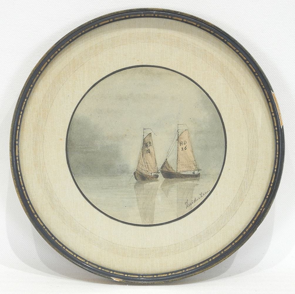 Watercolour signed VanderLaer, 4 1/4"d, "Fishing Boats".: Watercolour signed VanderLaer, 4 1/4"d, "Fishing Boats".