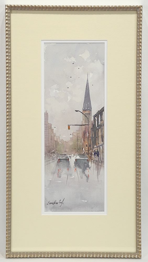 Watercolour signed Sandhu Singh, 14 1/4 x 5", "Street Scene in the Rain". (1 of 4)