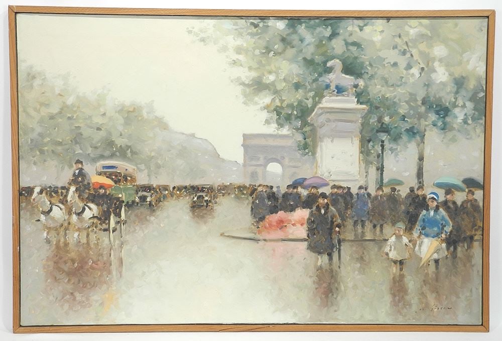 Oil on Canvas signed A.(Andre) Gisson, 234 x 36", "Rainy Day Near L'Arc de Triomphe". (1 of 4)