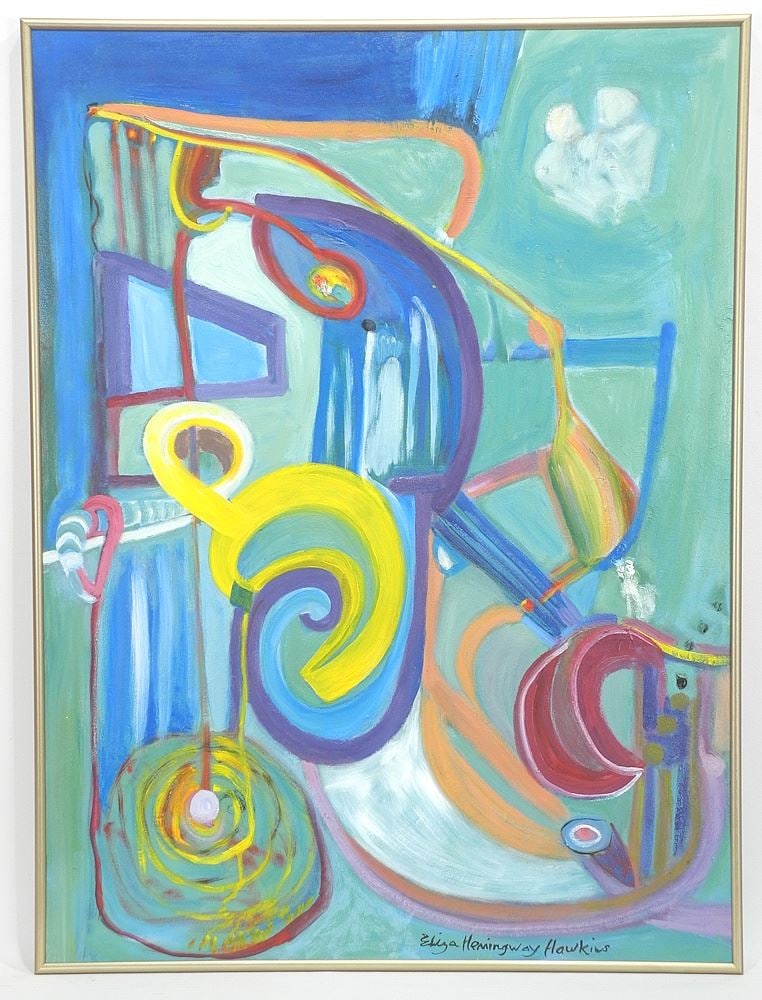 Oil on Canvas signed Eliza Hemingway Hawkins, 22 3/4 x 31", "Blue Chair on Balcony". (1 of 6)