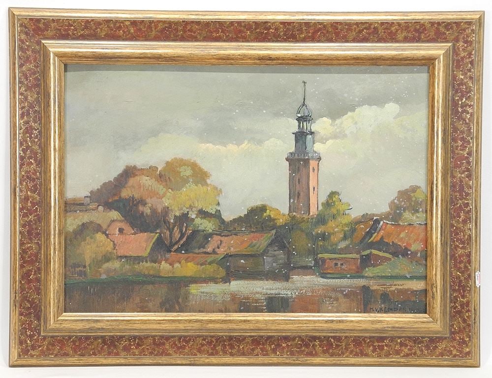 Oil on Board signed H.V.Kempden 1945 , 13 x 19", "Town Scene with Spire".: Oil on Board signed H.V.Kempden 1945 , 13 x 19", "Town Scene with Spire".