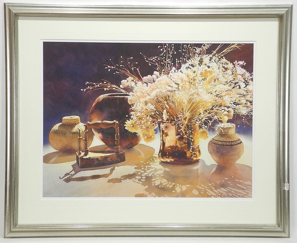 Watercolour signed Kiff Holland, 17 3/4 x 24", "Still Life with Dried Flowers".: Watercolour signed Kiff Holland, 17 3/4 x 24", "Still Life with Dried Flowers".
