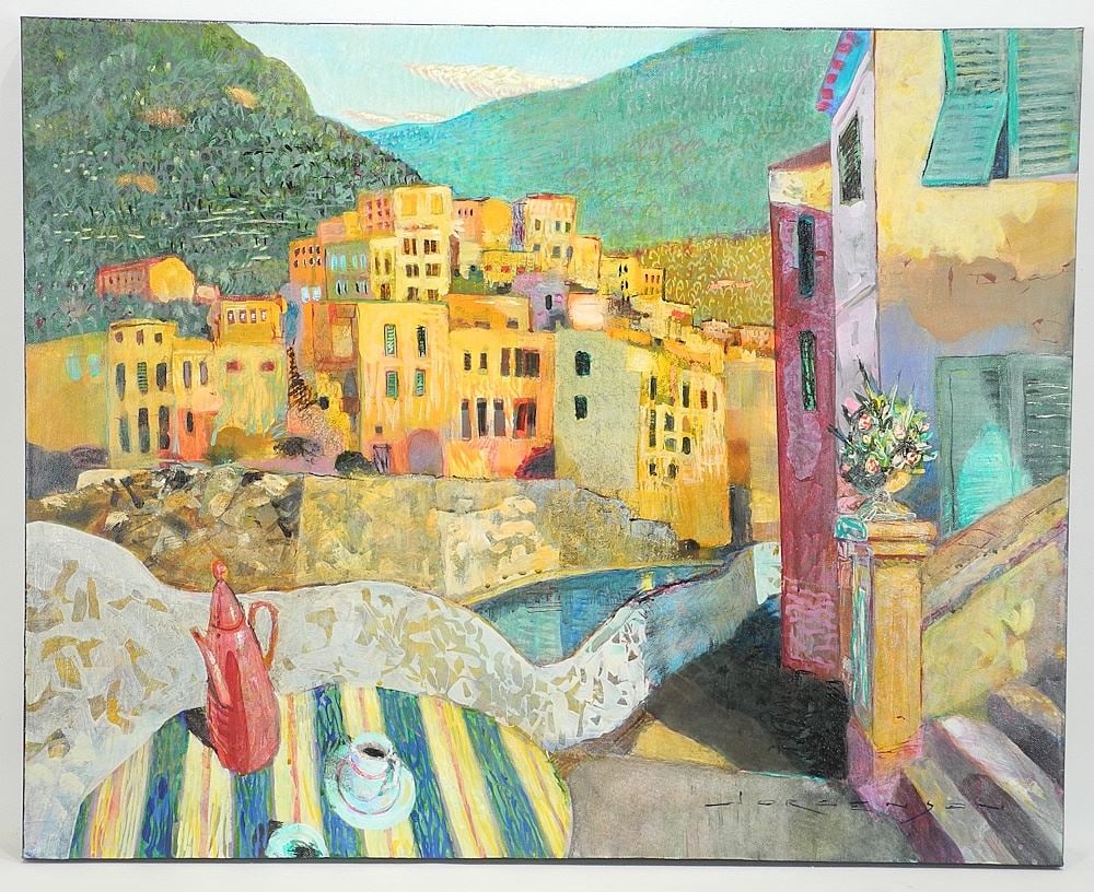 Acrylic on Canvas signed (Paul) Jorgensen, 24 x 30", "Tea on the Harbour".: Acrylic on Canvas signed (Paul) Jorgensen, 24 x 30", "Tea on the Harbour".