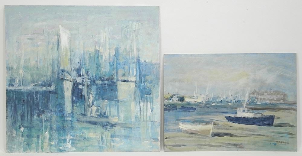 Two Tempera on Board, One signed (Sid) Barron, Larger 17 1/2 x 18 1/2 ", "Coastal Scenes".: Two Tempera on Board, One signed (Sid) Barron, Larger 17 1/2 x 18 1/2 ", "Coastal Scenes".