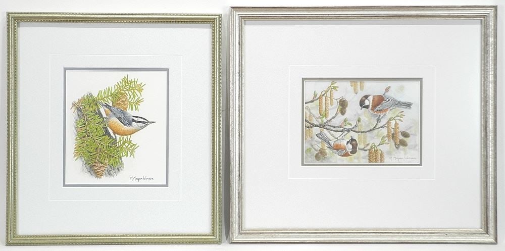 Two Watercolour signed M.Morgan Warren, Larger 7 x 6", "Chickadees & Nuthatch". (1 of 8)