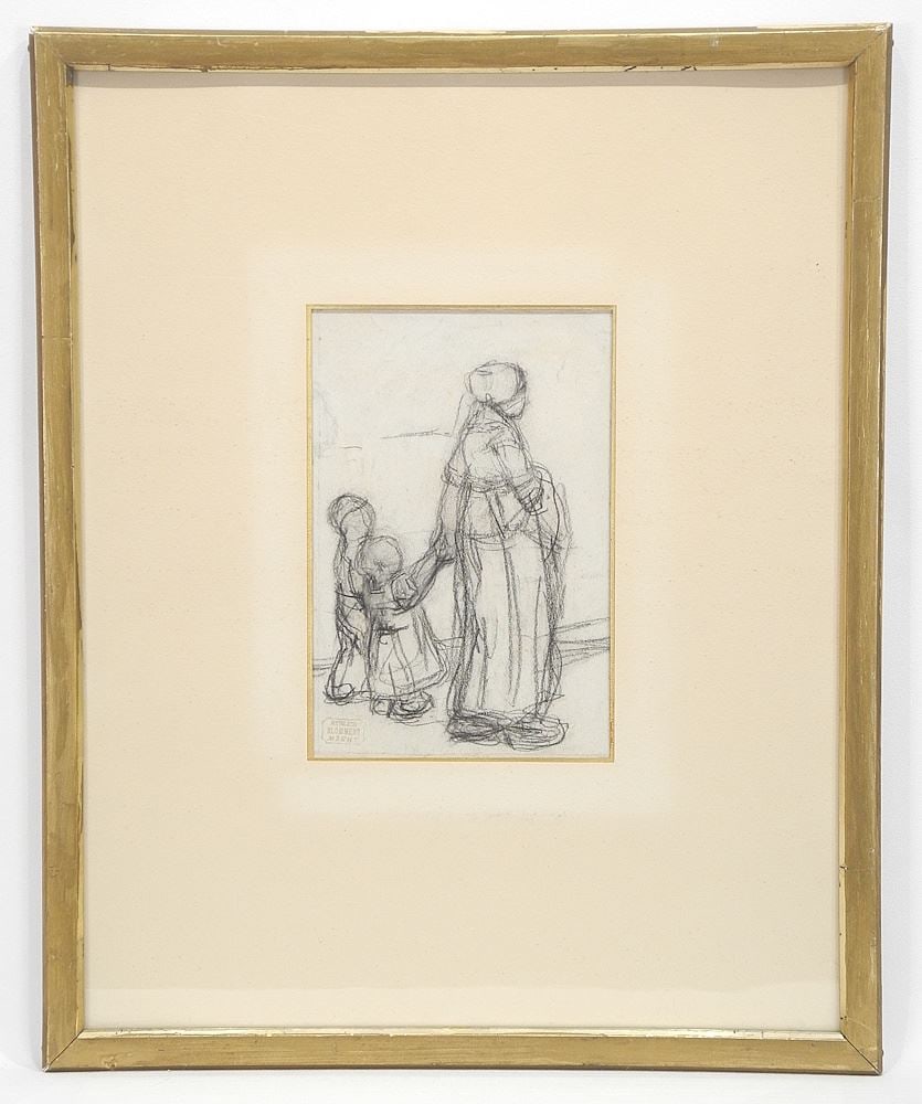 Charcoal with Estate Stamp B.J. Bloomers, 9 1/4 x 6", "Walking Children".: Charcoal with Estate Stamp B.J. Bloomers, 9 1/4 x 6", "Walking Children".
