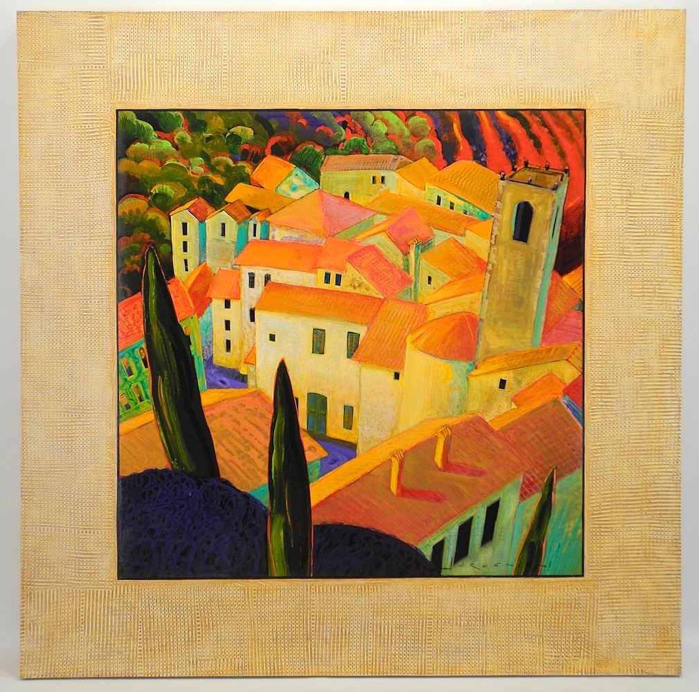 Mixed Media on Board signed (Paul) Jorgensen, 36 x 36", "A Marble Cutters Town".: Mixed Media on Board signed (Paul) Jorgensen, 36 x 36", "A Marble Cutters Town".