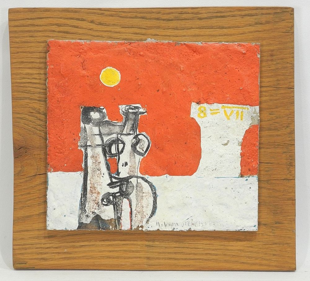 Mixed Media Sgraffito Panel signed H. (Herbert) Siebner, 7 1/4 x 8 1/8" , "Ancient Lovers" 1977. (1 of 5)