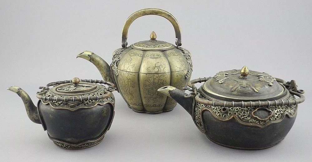 Three Chinese Copper Alloy Teapots, 2 5/8 - 3 7/8"h. (1 of 5)