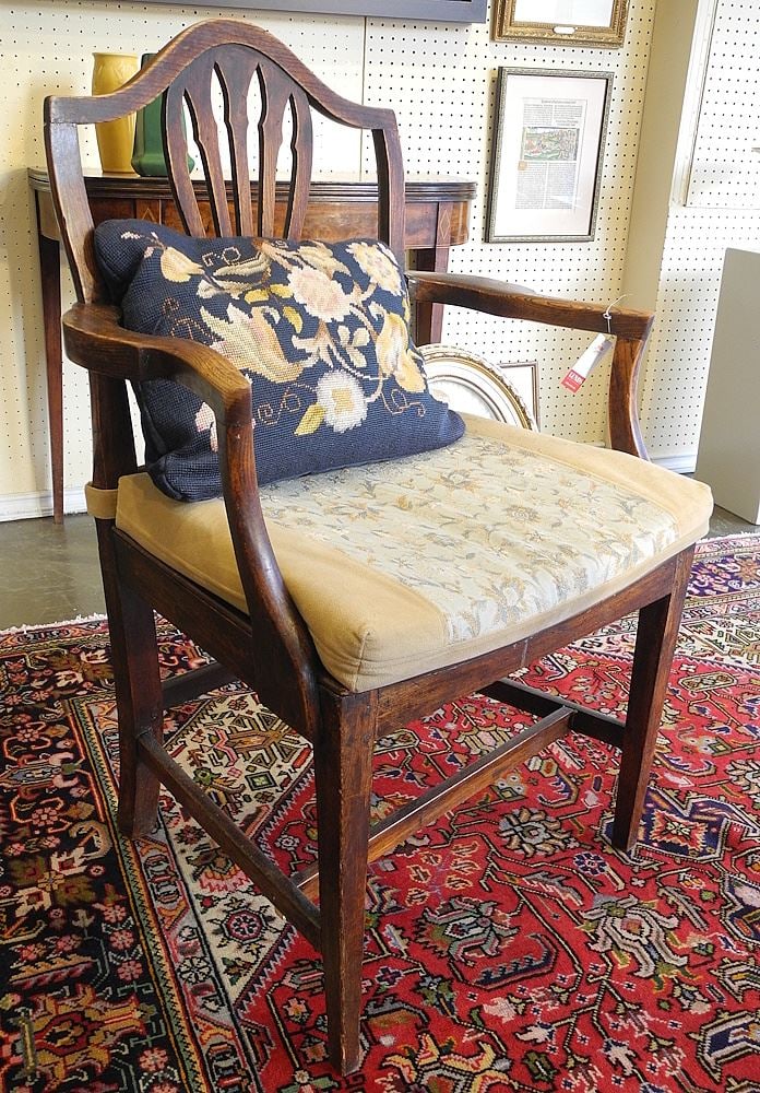 Georgian Oak Saddle Seat Armchair, 37 1/2"h (includes cushions).: Georgian Oak Saddle Seat Armchair, 37 1/2"h (includes cushions).