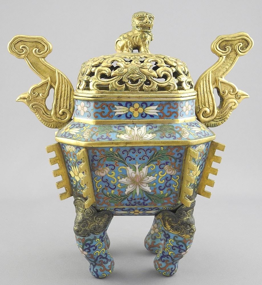 Chinese Gilt Metal & Cloisonne Censer, 8 x 7 1/4 x 4 1/2".: Chinese Gilt Metal & Cloisonne Censer, 8 x 7 1/4 x 4 1/2".