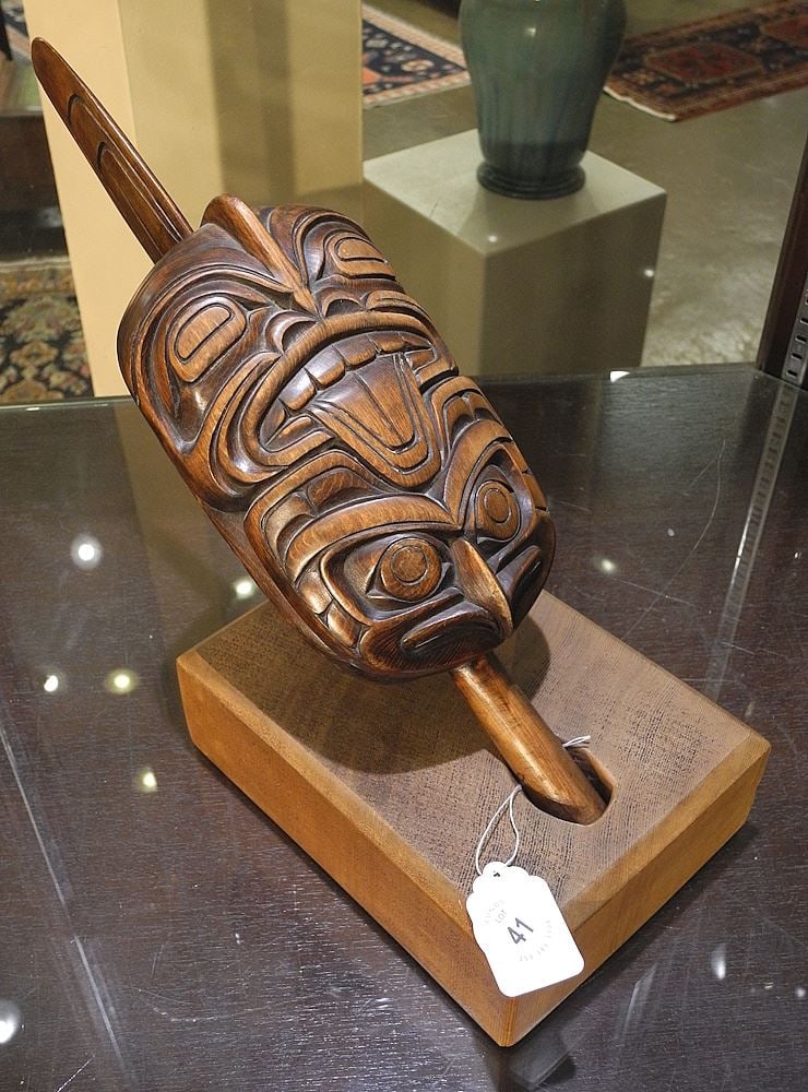 Kwagiulth Rattle signed L.(Lloyd) Wadhams (15 1/2"L) with Stand. (1 of 4)