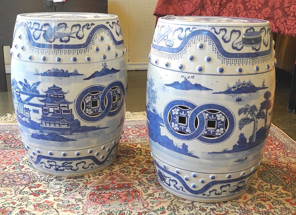 Pair of Chinese Blue & White Porcelain Barrel Form Garden Seats, 18 1/2"h.: Pair of Chinese Blue & White Porcelain Barrel Form Garden Seats, 18 1/2"h.