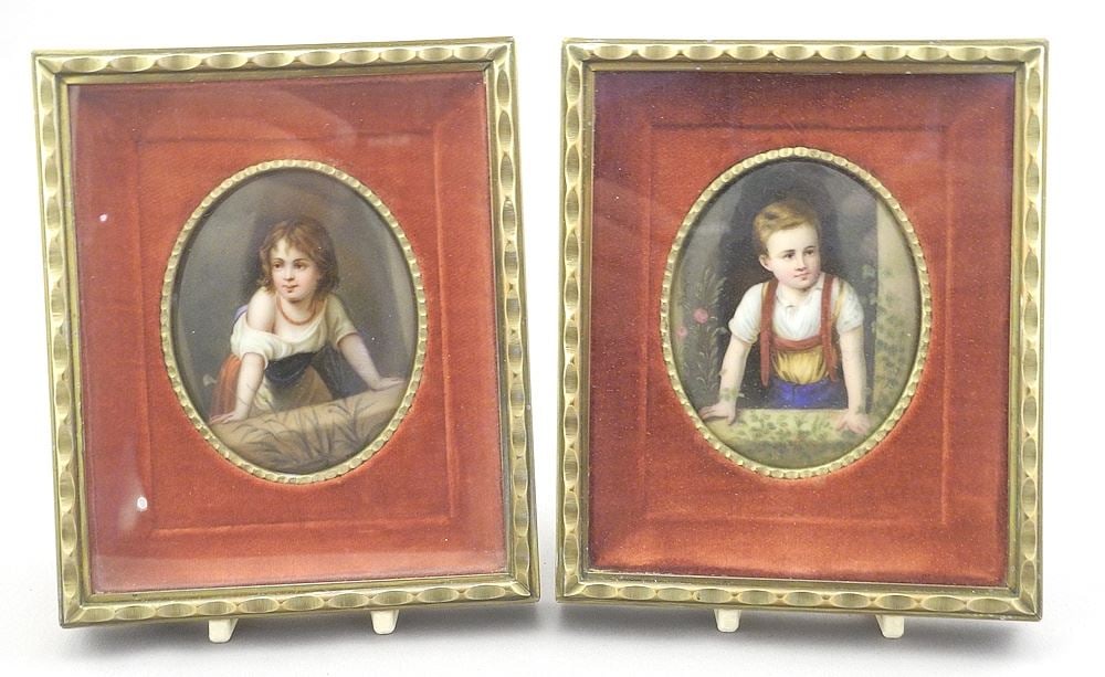 Pair of Portrait Miniatures on Porcelain in Brass Frames, "Two Boys ", 3 1/4 x 2 1/2" Oval. (1 of 6)