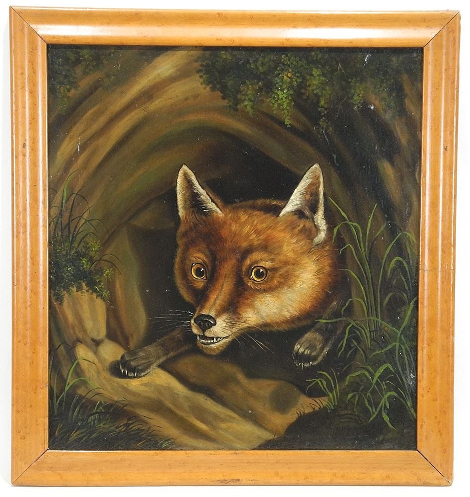 Oil on Board signed Twice J.(James) Barry, 14 7/8 x 13 5/8", "Fox in Den " 1832. (1 of 11)