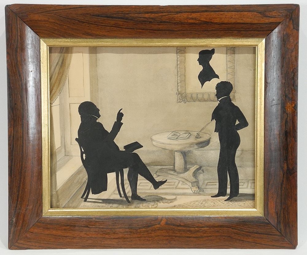 Silhouette signed Aug.(Auguste) Edouart, 10 x 12 1/2", "Interior Scene", Rosewood Frame. (1 of 9)