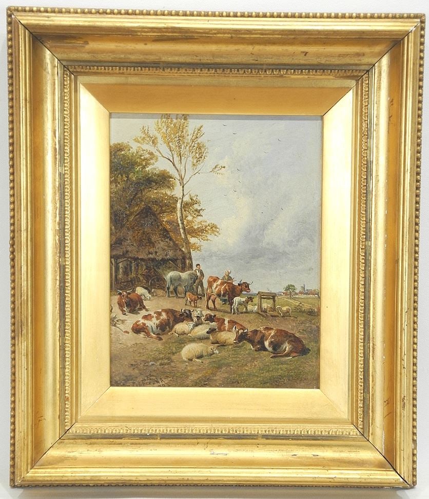 Oil on Canvas Laid on Board signed Thomas Sidney Cooper 1889, 9 x 7 1/2 ", "Sheep & Cattle". (1 of 11)