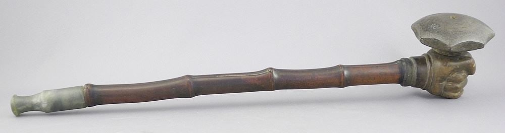 Bamboo Opium Pipe with Hand Clutching Yixing Ware Bowl & Jade Mouthpiece, 17 3/4"L. (1 of 6)