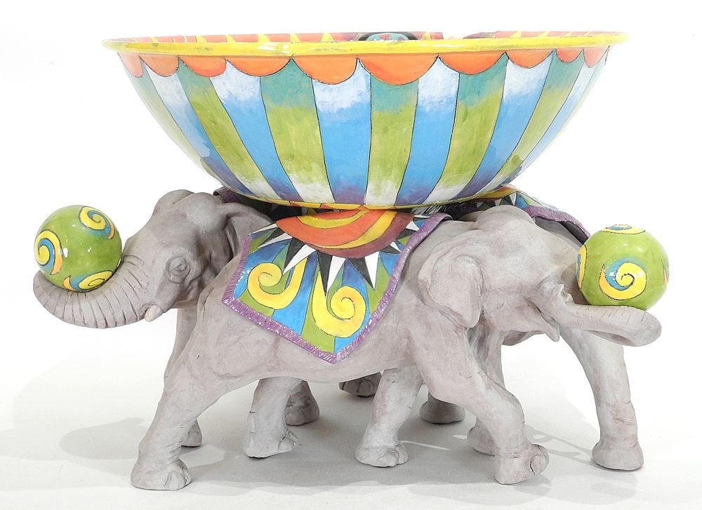 Ceramic Bowl on Stand signed (DaNisha) Ferguson, 12 1/2"h, "Circus Bowl". (1 of 9)