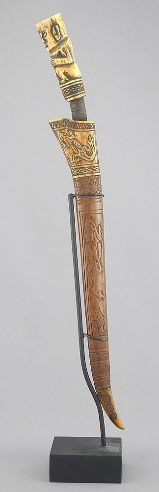 Sumatra Bone Handle & Bone Scabbard Knife with Stand.: Sumatra Bone Handle & Bone Scabbard Knife with Stand.