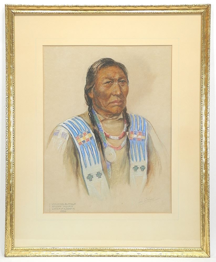Pastel on Paper signed John S. Perry , 9 1/2 x 14 7/8", "Walking Buffalo Stony Indian" 1939. (1 of 9)