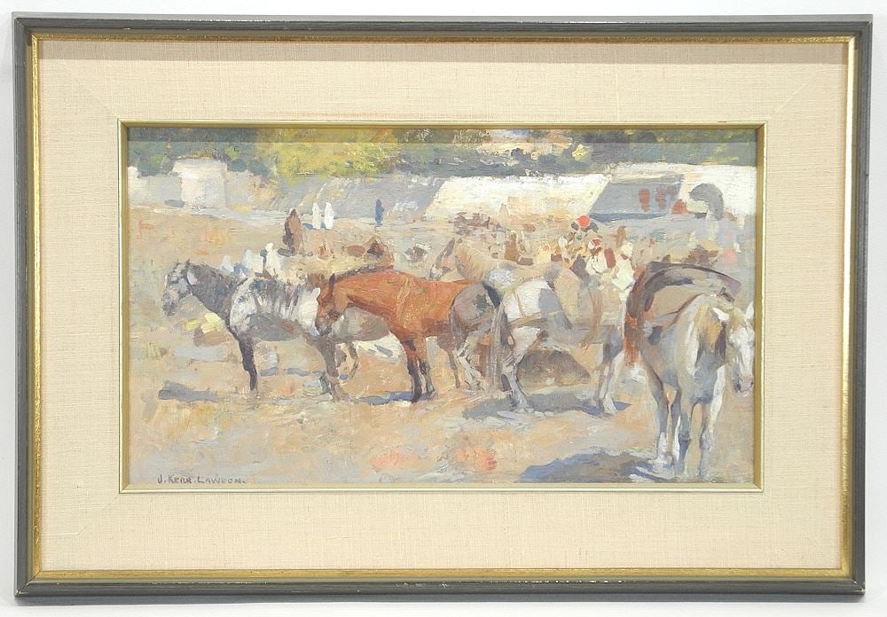 Oil on Board signed J.(James) Kerr- Lawson, 9 1/2 x 16 1/2", "A Gathering of Horses".: Oil on Board signed J.(James) Kerr- Lawson, 9 1/2 x 16 1/2", "A Gathering of Horses".