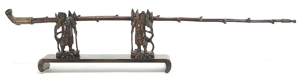 Long Hardwood Opium Pipe (43 1/2" L.)  on Elaborate Carved Stand, 19 5/8"L. (1 of 7)