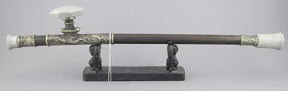 Wood Opium Pipe with Brass Carving & Softstone Mouthpiece, 20 1/2"L.: Wood Opium Pipe with Brass Carving & Softstone Mouthpiece, 20 1/2"L.