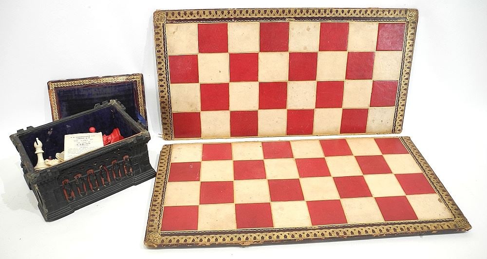Jaques London "The Staunton Chess- Men" Original Board, 20 1/2"w (as found), NO EXPORT.: Jaques London "The Staunton Chess- Men" Original Board, 20 1/2"w (as found), NO EXPORT.