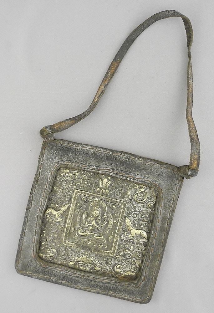 Antique Tibetan Buddhist "Gau" Prayer Pouch for Feng Shui, 6" Square.: Antique Tibetan Buddhist "Gau" Prayer Pouch for Feng Shui, 6" Square.