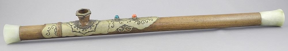 Wood Opium Pipe with Brass Carvings, Gemstones & Stone Mouthpiece, 21 1/8 "L. (1 of 7)