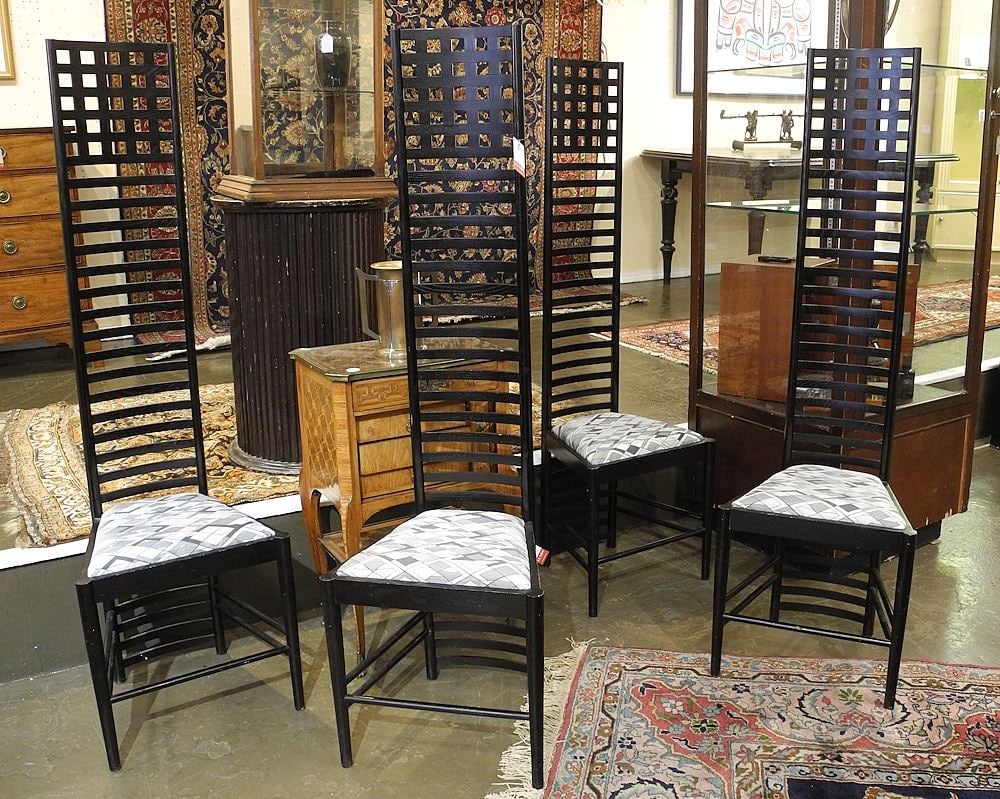 Four Charles Rennie Mackintosh Style Hill House Chairs, 55 1/4"h.: Four Charles Rennie Mackintosh Style Hill House Chairs, 55 1/4"h.