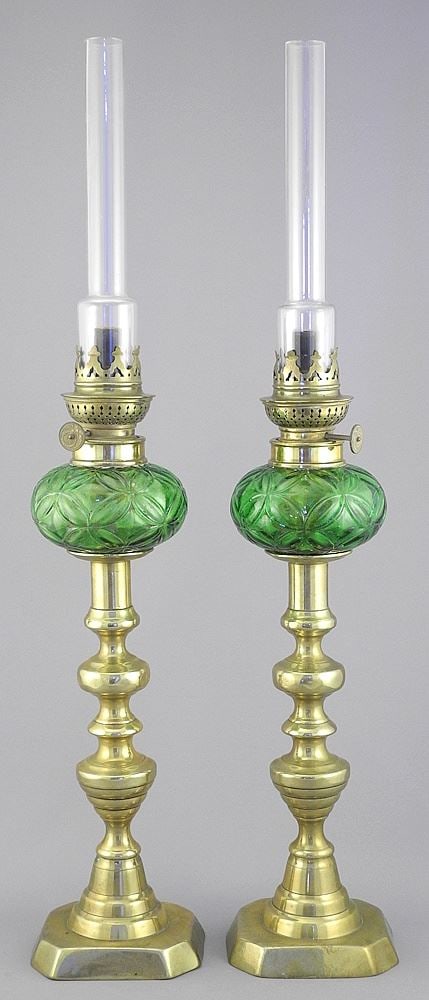Pair Antique Peg or Candlestick Lamps with Green Glass Fonts & Clear Glass Fonts & Chimneys. (1 of 6)