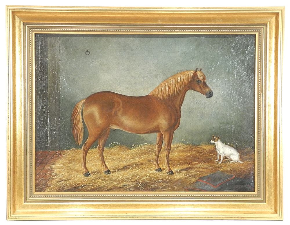 Oil on Canvas signed J.Quinton 1877, 13 3/4 x 19", "Horse Portrait with Terrier". (1 of 11)