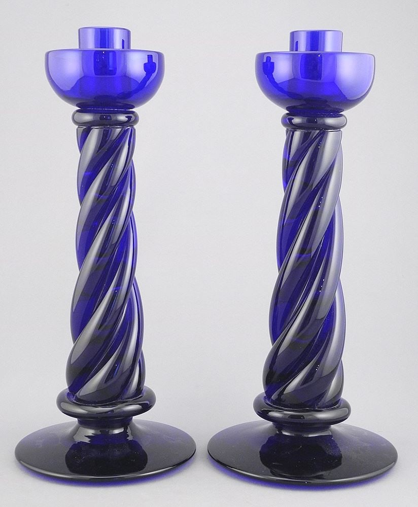 Pair of Archimede Seguso Cobalt Glass Candlesticks, 12 1/8"h.: Pair of Archimede Seguso Cobalt Glass Candlesticks, 12 1/8"h.